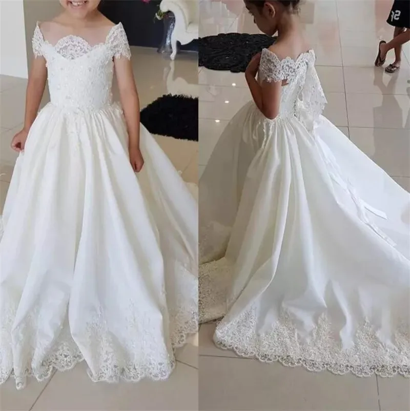 

Princess 2019 Ivory White Flower Girls Dresses for Weddings Lace Beads Short Sleeve A Line First Communion Gown Birthday Dress
