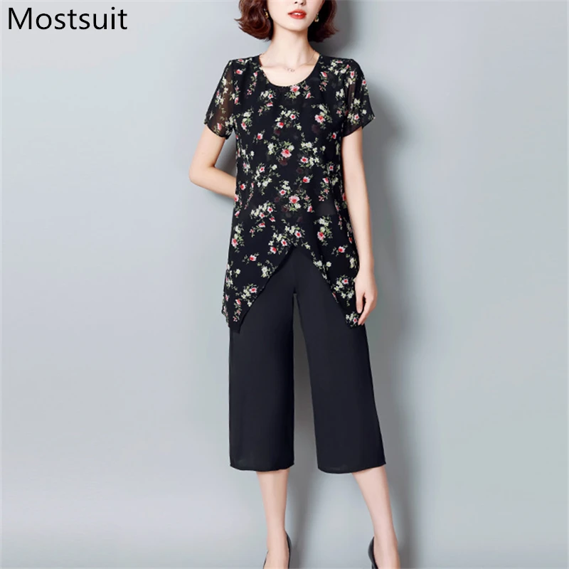 Summer L-5xl Plus Size Elegant Black Blue Florar Print 2 Piece Set Women Lady Office Short Sleeve Chiffon Tops + Wide Leg Pants | Женская