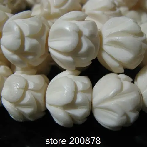 

TSB0212 Bulk Wholesale Tibet white Yak Bone Hand carved Lotus prayer Mala Loose beads 14*12mm 100 beads strand 10pcs strands