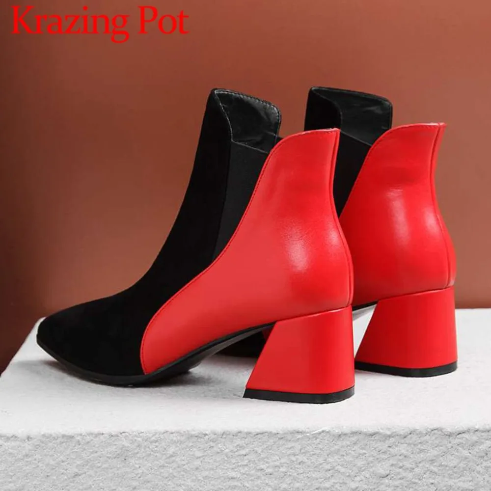 Couleurs Med L83 Bottes Bout Talons Chaud Cheville En Cuir Superstars Hiver Beige Taille Pointu Grande rouge Mélangées Populaire Épais Véritable Chelsea rfzOUqr