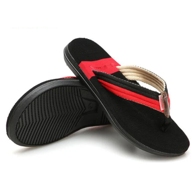 Summer New Couple Flip Flops Beach Shoes Men's Outdoor Casual Skid Feet Slippers Large Size Cotton Striped Fashion Women's Slipp - Цвет: Красный