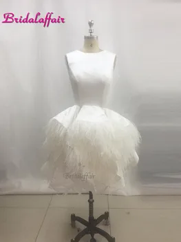 

Sexy Black Short Prom Dress O-Neck Tulle Gown Short Evening Dress 2018 Women Formal Gowns Satin Party Dresses with Feather