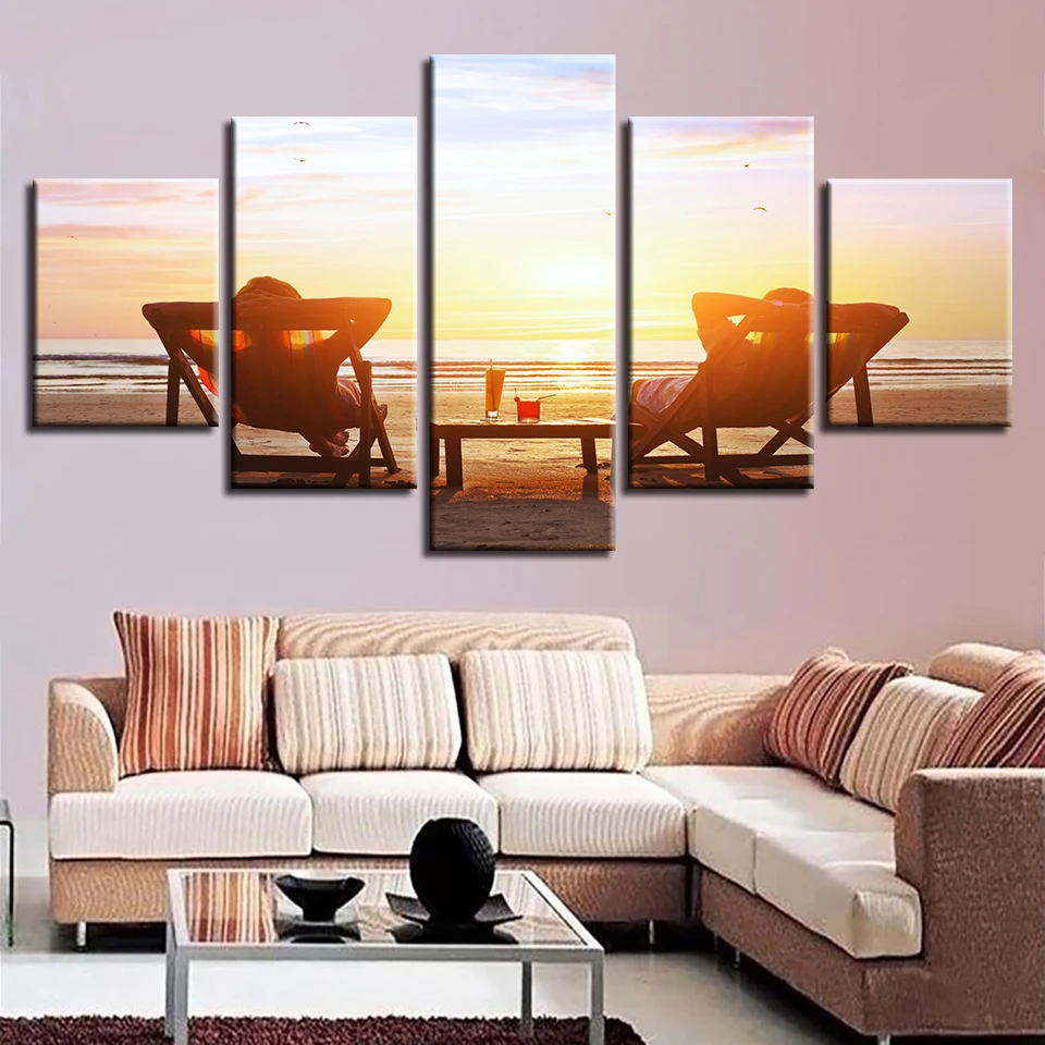 Decor Living Room Wall Art Modern Pictures Print 5 Pieces Beach Chair And Drinks Sunset Seascape Poster Modular Canvas Paintings | Дом и сад