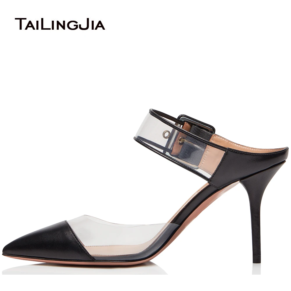 

Women Elegant Pointed Toe High Heel Mules Transparent PVC Slingback Buckle Sandals Dress Shoes Ladies Summer Heels Mid Heel 2018