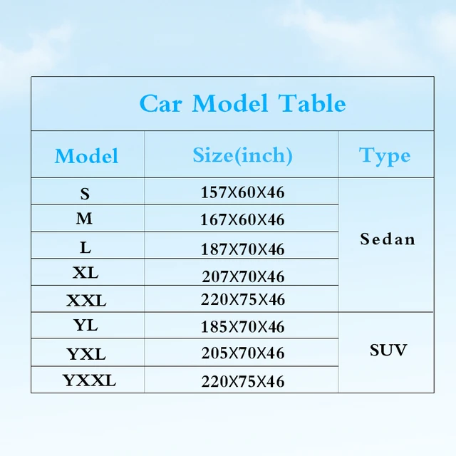 Universal Car Cover Size Chart