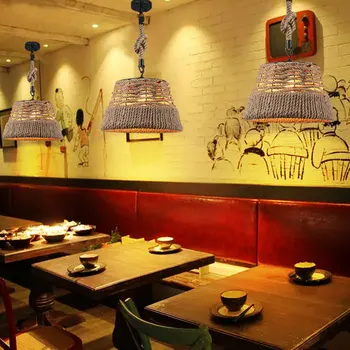 

Loft Vintage Rural Pendant Lights Hemp Rope Bamboo Iron Cage Pendant Lamps Hand Knitted Lighting Fixtures Restaurant Dining