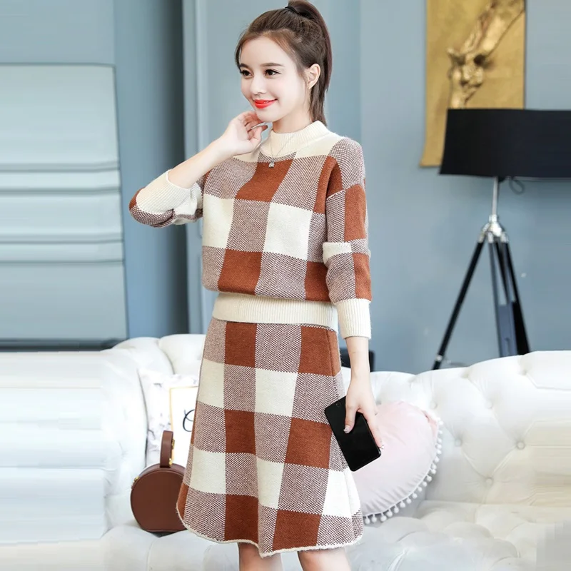 

2 Piece Set Women Knitted Sweater And Skirt Dress Suits 2018 New Autumn Winter Casual knitting Plaid Skirts Suit Two Piece Sets