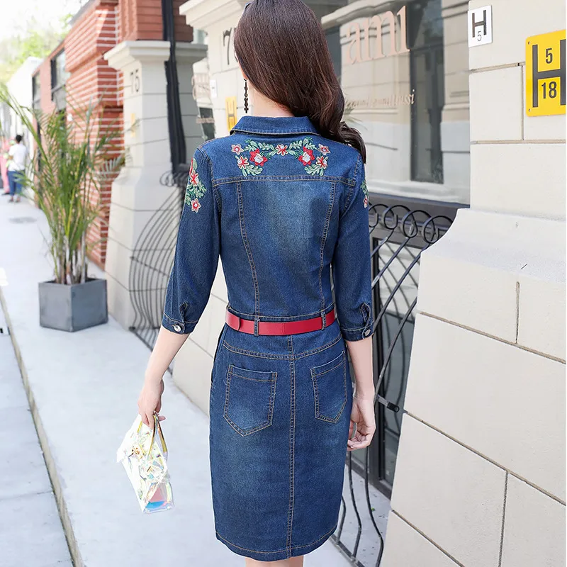 Casual Female Denim Dresses Autumn Office Slim Sexy Jeans Dress With Belt for Women V-neck Embroidered Denim Dress Plus size 3XL