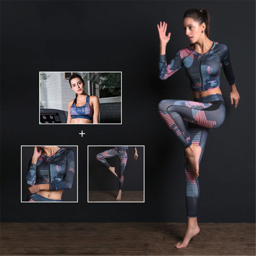 

Yoga suit, new suit, three suits, printing, sports, fitness, jacket, long sleeves, women's wear, bra + jacket + trousers