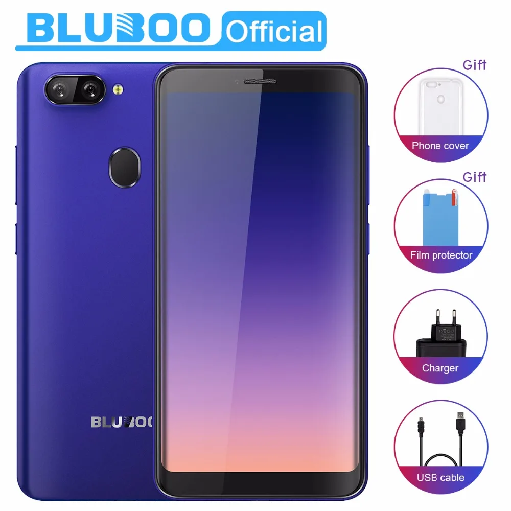 Bluboo D6 Smartphone 5.5'' IPS 18:9 Screen MT6580A Quad Core 2GB RAM 16GB ROM Android 8.1 Face Unlock Cellphone 3G Mobile Phone