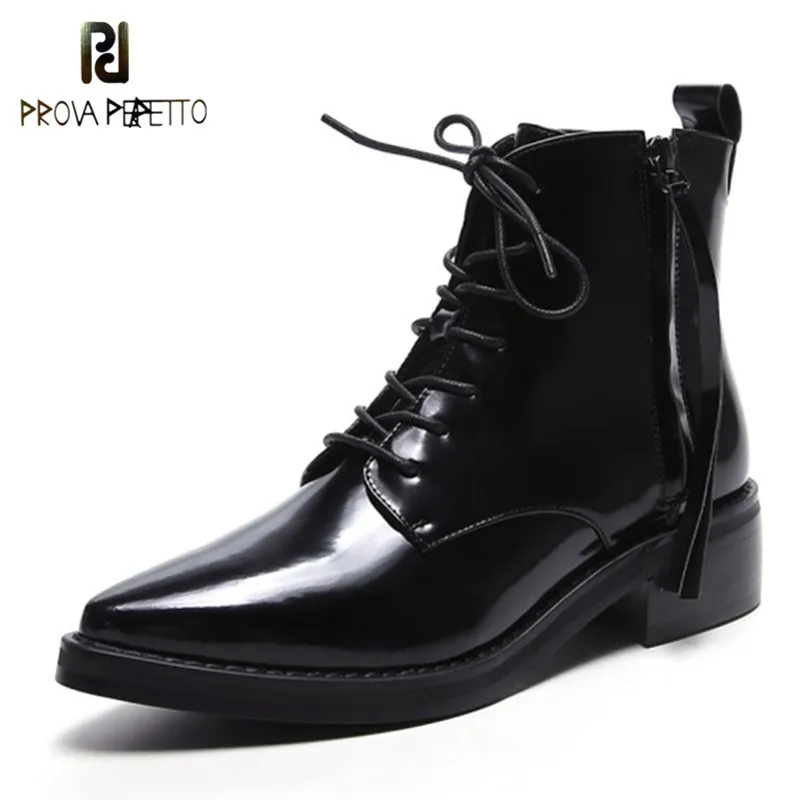 

Prova Perfetto New Arrival England Style Concise Patent Leather Lace up Ankle Boot Cool Cross-tied Point Toe Low Heel Rome Boots