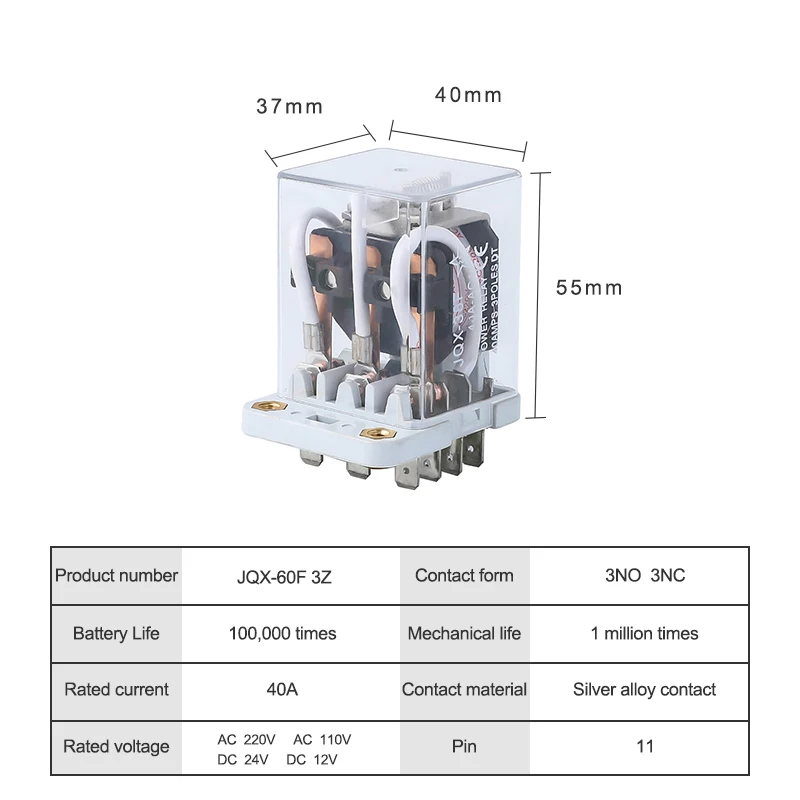 JQX-38F 3Z 3PDT электромагнитные реле 40A AC 220 V 110 V DC 24 V 12 V 11 Pin-код Медь катушки реле на высокую мощность переключатель 3NO 3NC