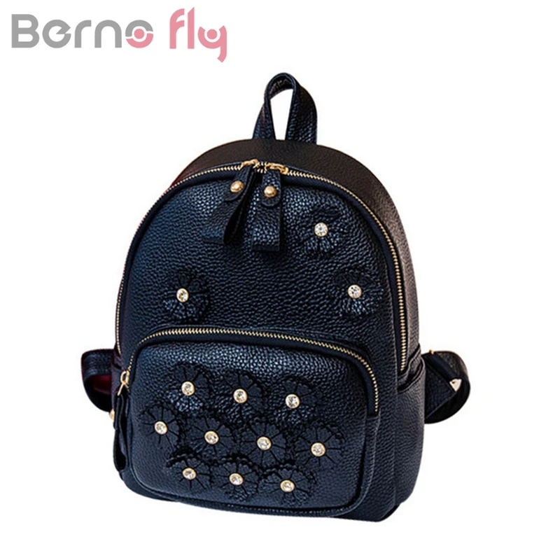 

Berno fly Women Leather Backpacks For Teenage Girls College Student School Bags Travel Pack Sweet Flowers Cute Small Backpack