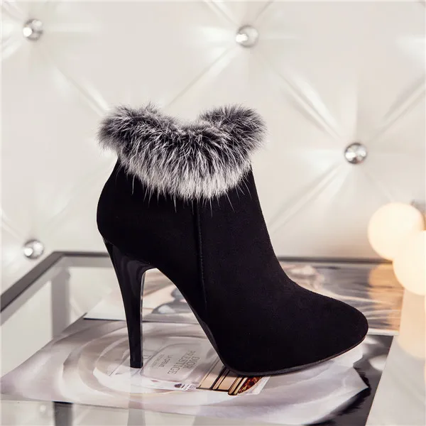 Meotina/пикантные женские ботинки зимние ботильоны на высоком каблуке женские осенние короткие ботинки зимние меховые ботинки на молнии, белый, красный цвет, большие размеры 11, 45 - Цвет: Черный