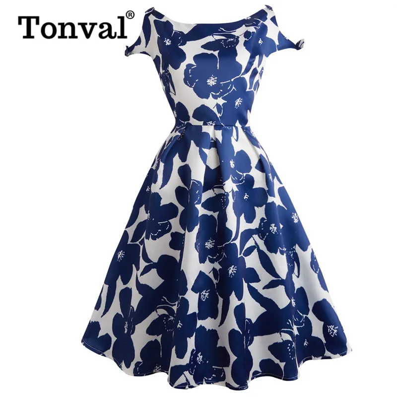

Tonval Vintage Blue Flower Party Elegant Dress Boat Neck 2019 Women Summer Cold Shoulder Pleated Floral Dresses