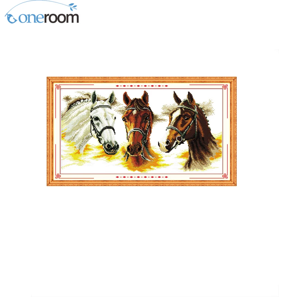 

oneroom Three Horses Counted 11CT 14CT Cross Stitch Handmade Unfinished animals Cross-stitch Kits for Embroidery Home Decor