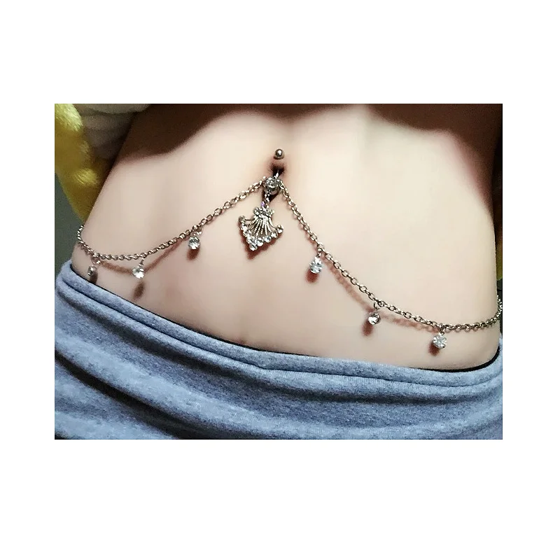 Sexy Rhinestone Dangle Belly Button Chain Navel Piercing Ring Surgical Steel Body Jewelry With 