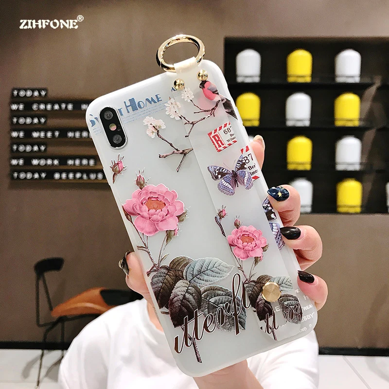 

Flower Silicone Phone Case For Samsung Galaxy S9 S8 Plus Note 9 8 Case 3D Relief Wrist Strap Case Soft TPU Bird Matte Cover Capa