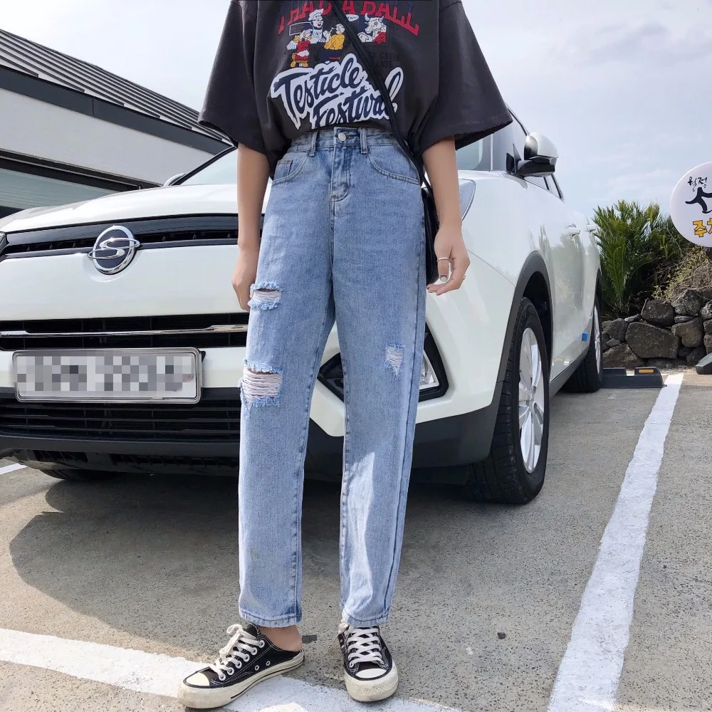 

S-XL 2019 spring summer korean chic style women loose blue denim jeans womens Casual high waist ripped jeans for women (Z8606)