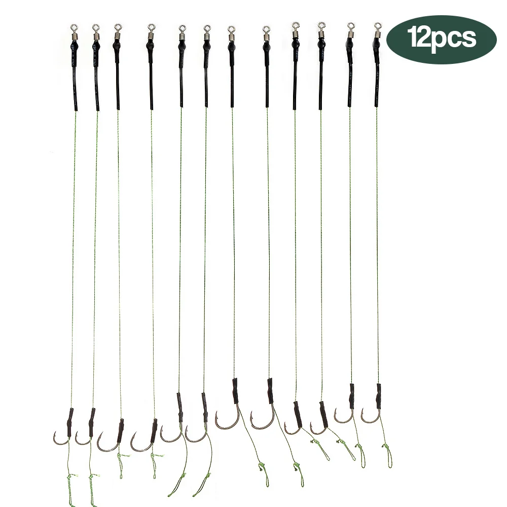12Pcs Braided Carp Fishing Hair Rigs High Carbon Steel Hook Swivel Carp