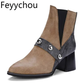 

Women Boots Winter Autumn Warm Plush Ankle Chelsea Boots Thick Heel High Heels Pointed Toe Pu Slip on Rivet 2018 Sexy New Black