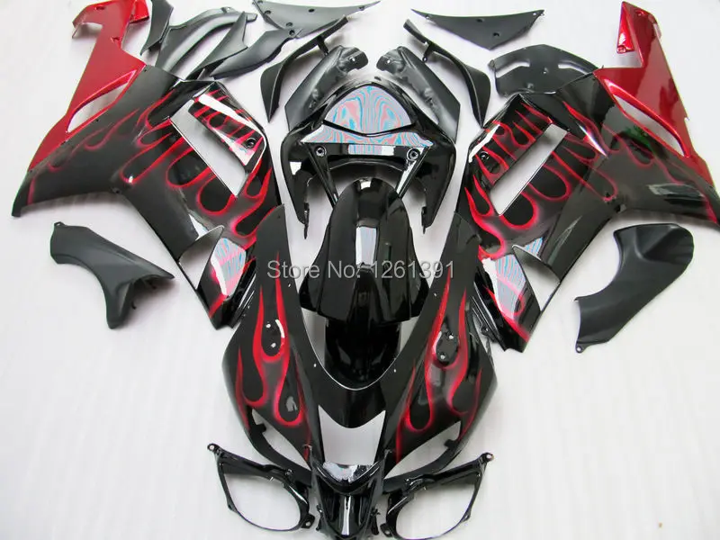 Injection + black red flame fairing kit FOR KAWASAKI NINJA ZX 6R 636 07