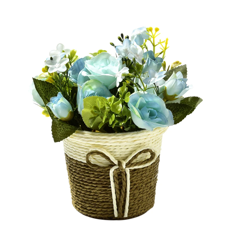 Имитация растений мини бонсай набор для свадебной вечеринки домашний сад Декоративные искусственные цветы искусственные шелковые розы цветы+ ваза из ротанга