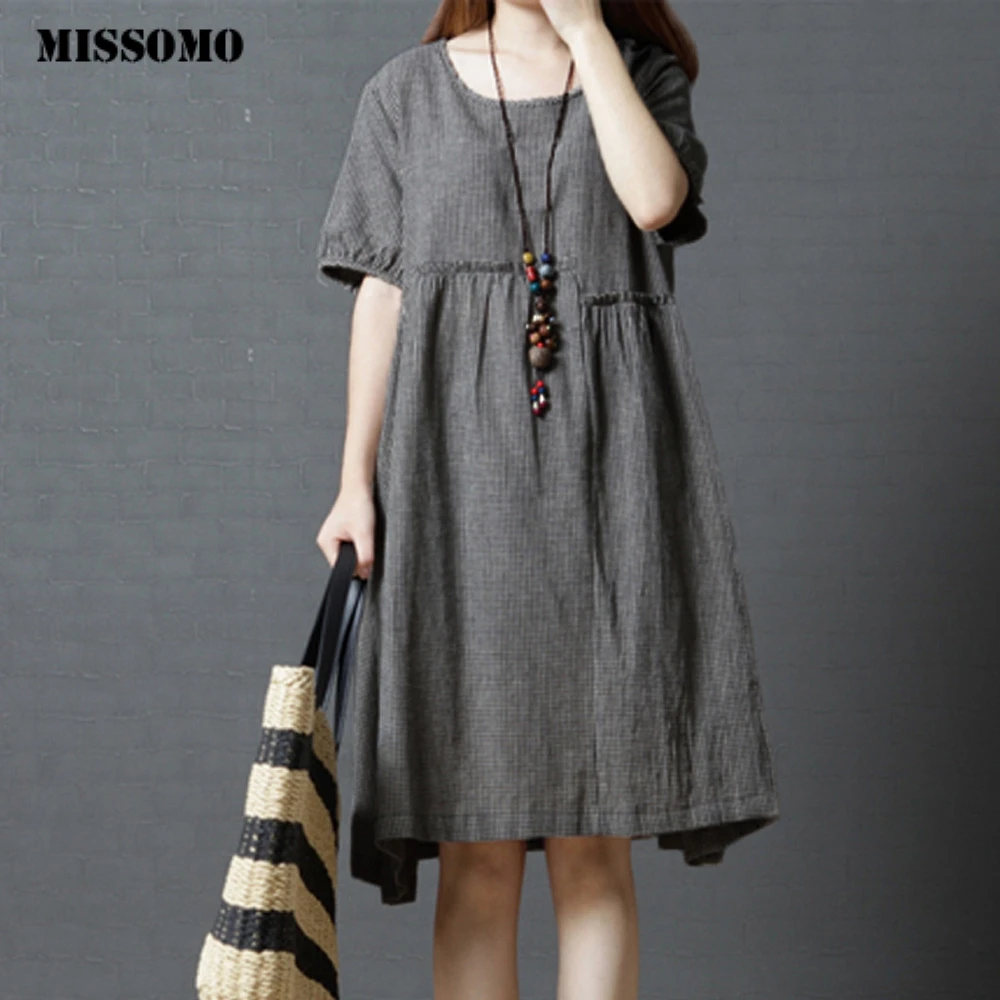 

MISSOMO Women summer dress girls sommerkleid Plaid Pocket Cotton Linen Loose Bohe Casual Dress jurk vestidos verano 2019