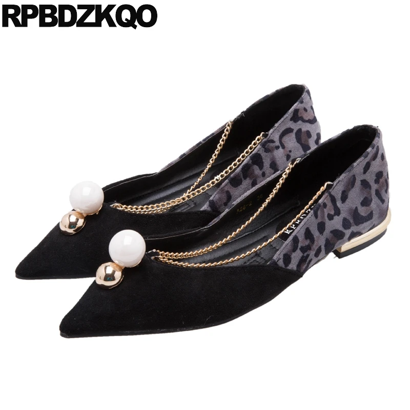 

chinese designer pearl slip on women pointed toe suede black spring autumn cheap pointy metal ladies beautiful flats shoes chain