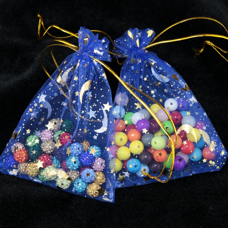 

100pcs 9x12cm Drawable Organza Bags Star Moon Royal Blue color Wedding Christmas Gift Bag Jewelry Packaging Bags Pouches