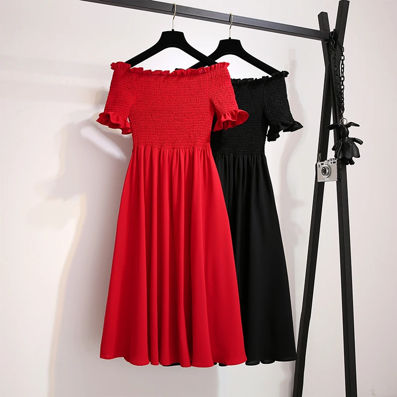 

Women Summer Dress Plus Size Sexy Kawaii Pleated Elastic Chest Empire Babydoll Frill Off Shoulder Dresses Ladies vestidos