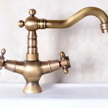 Античное Латунное одно отверстие двойной крест ручки поворотный носик кухонная раковина ванная комната сосуд смеситель кран anf248
