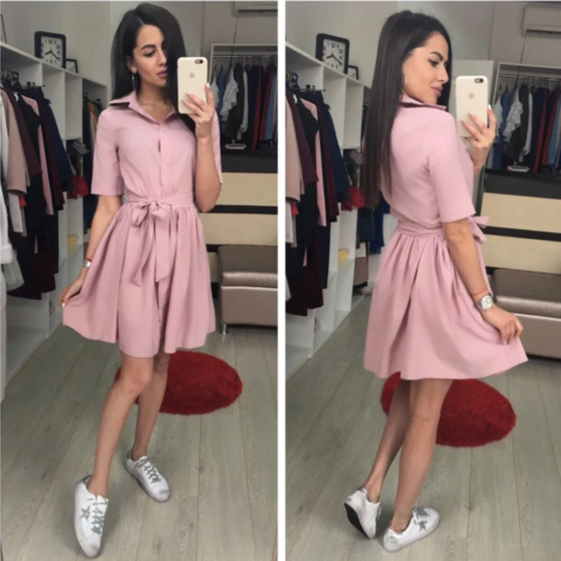 Women Elegant Short Sleeve Casual Dress Fashion V Neck Tie Sashes A Line Solid Dresses 2018 Summer New Arrival Ladies Mini | Женская