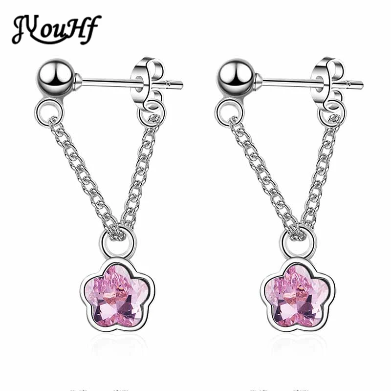 

JYouHF New Fashion Pink Blue Crystal Earrings for Women Aretes Cute Flower Pendant with Chain Stud Earrings Silver 925 Jewelry