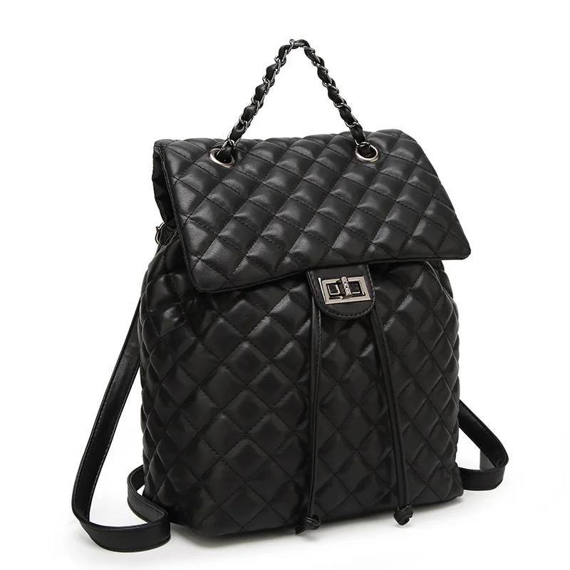 

Fashion Women Chain Backpack High Quality Leather Lingge Backpacks for Teenage Girls Female School Shoulder Bag Bagpack Black