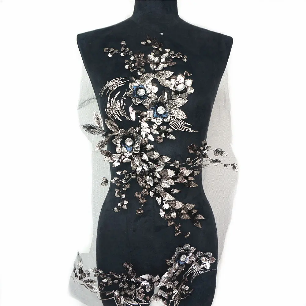 

Black Fabric 3D Flowers Beads Sequins Rhinestone Appliques Embroidery Lace Trims Mesh Sew On Patch For Wedding Dress DIY