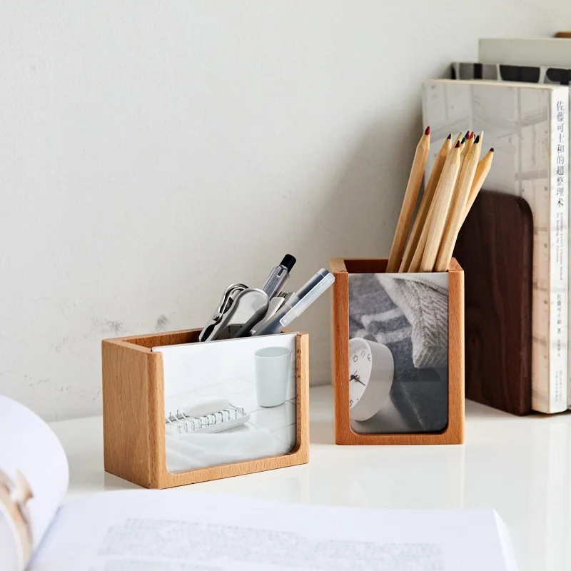 #*Cheap Wooden Pen Holder with Photo Frame Desk Stationery Organizer Beech Handmade Pencil Holder Drop