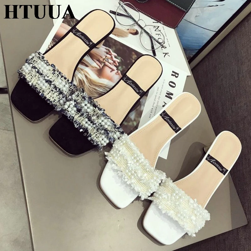

HTUUA Brand Fringed Pearl Women Slippers Designer Slides Ladies Summer Shoes Woman Outside Flip Flops High Heels Sandals SX2750