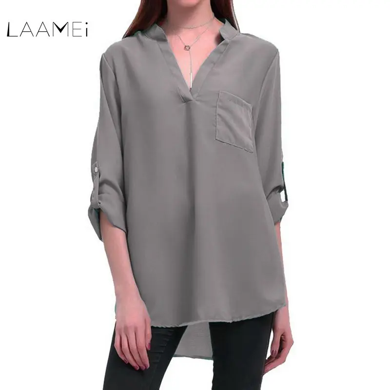 

Laamei 2018 Spring Tops Women V-neck Chiffon Blouses 3/4 Sleeve Female Shirt Fashion Plus Size 5XL Feminina Camisas Solid Blusas