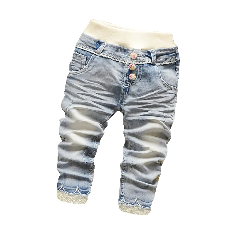Children Girl Full Length Lace Decor Jean Pants Straight Leg Elastic Waist With Ball Button Trousers