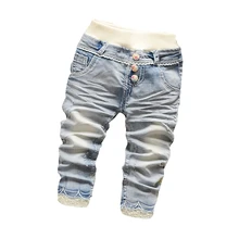 Children Girl Full Length Lace Decor Jean Pants Straight Leg Elastic Waist With Ball Button Trousers