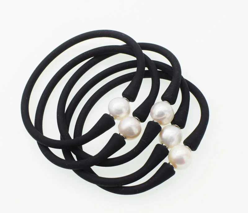

5pieces freshwater pearl white near round 10-11mm black silicone bracelet 18cm FPPJ wholesale beads nature
