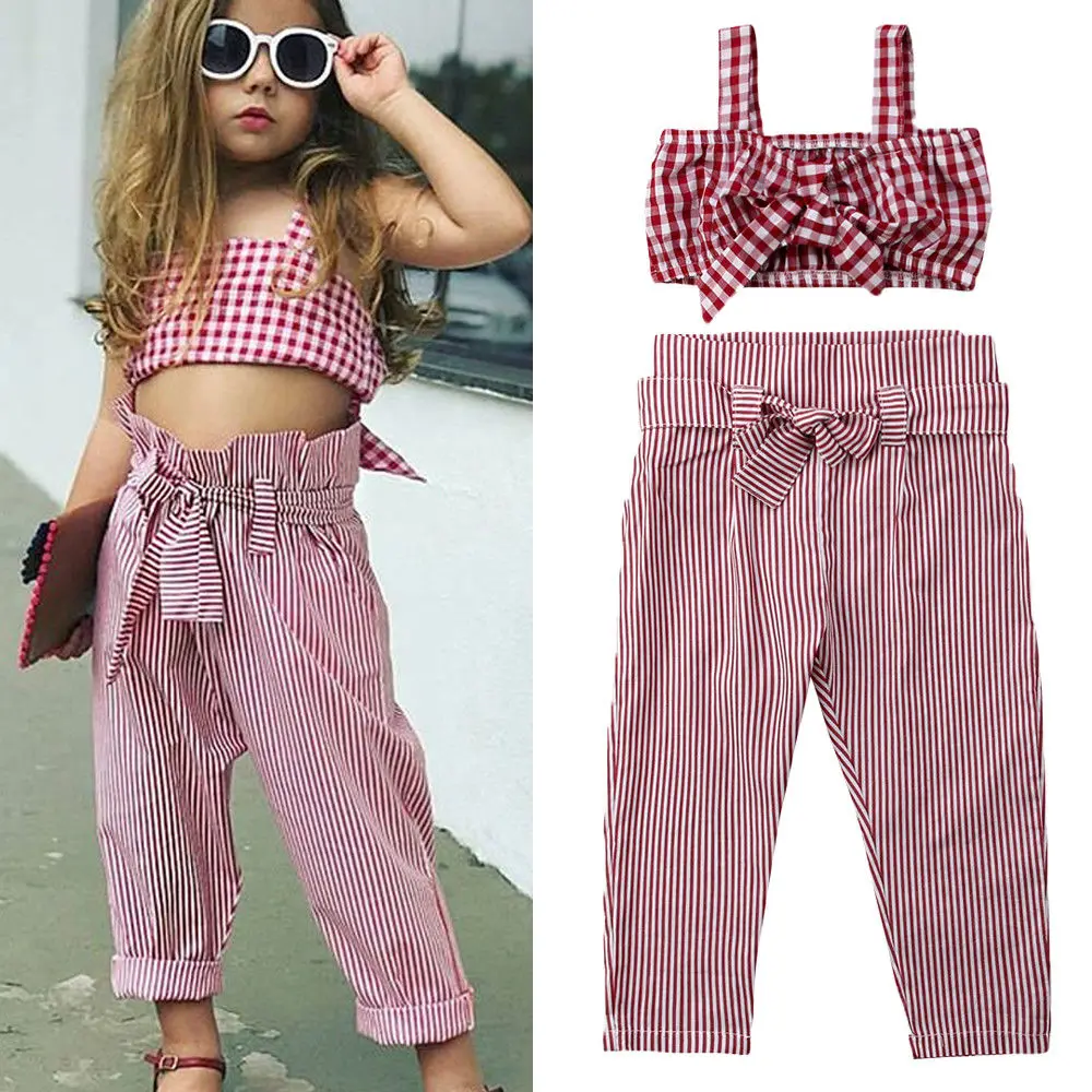

2PCS Baby Kids Girl Bow Plaid Crop Top Vest+Casual Pants Outfits Clothes Set Summer
