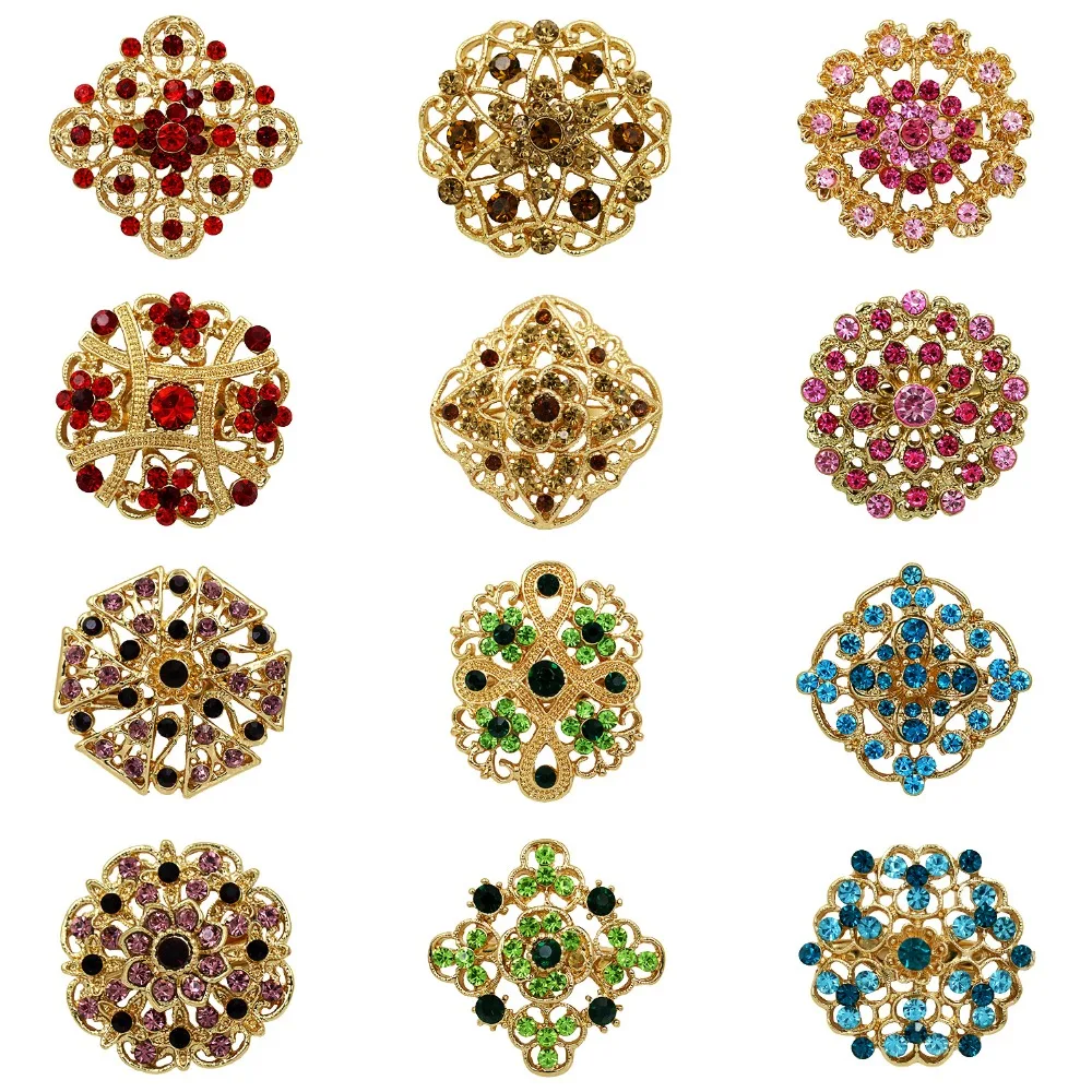 

Wholesale Lot of 12 Pieces Gold Color Plated Beautiful Multi Color Crystal Rhinestones Flower Brooch Pins for Women or Wedding