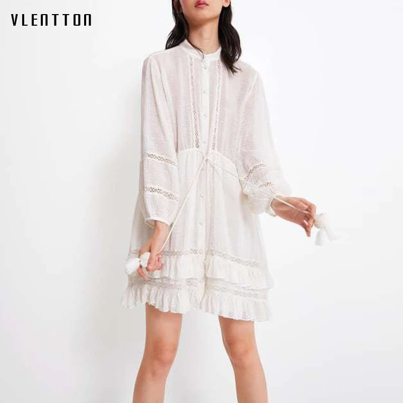 

2019 Summer Sexy Lace Hollow Out Mini Women's Shirt Dresses Tulle Drawstring Ruffles A-Line Party Dress Vestidos Robe Femme