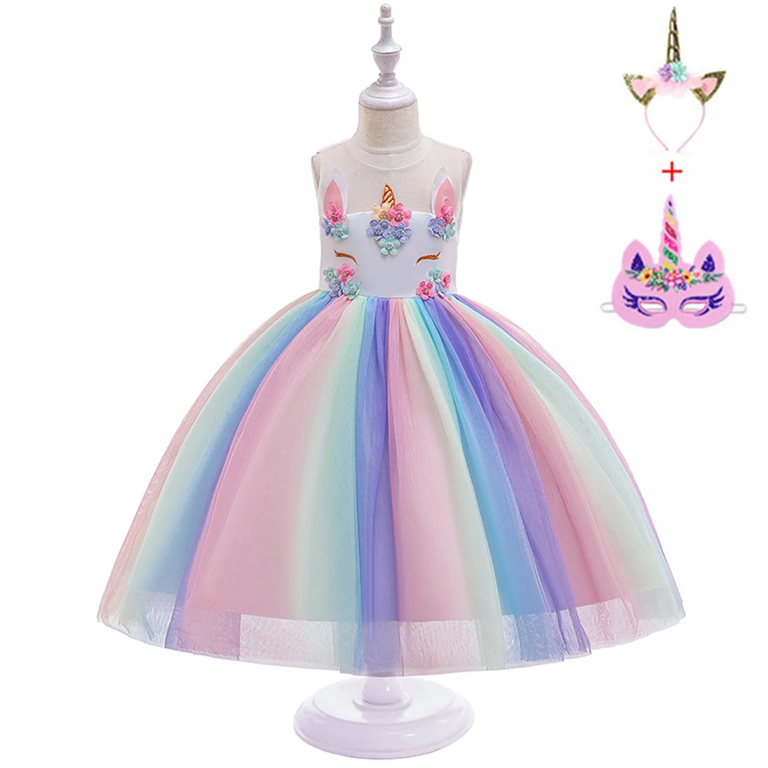 Girls Unicorn Rainbow Pony Costumes Princess Girl Tutu Tulle Dresses With Headband Set for Kids Birthday Theme Party Cos | Детская