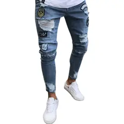 Модная повседневная одежда мужские джинсы трендовые джинсы с рваными коленками джинсы брюки вышитые джинсы мужские узкие эластичные