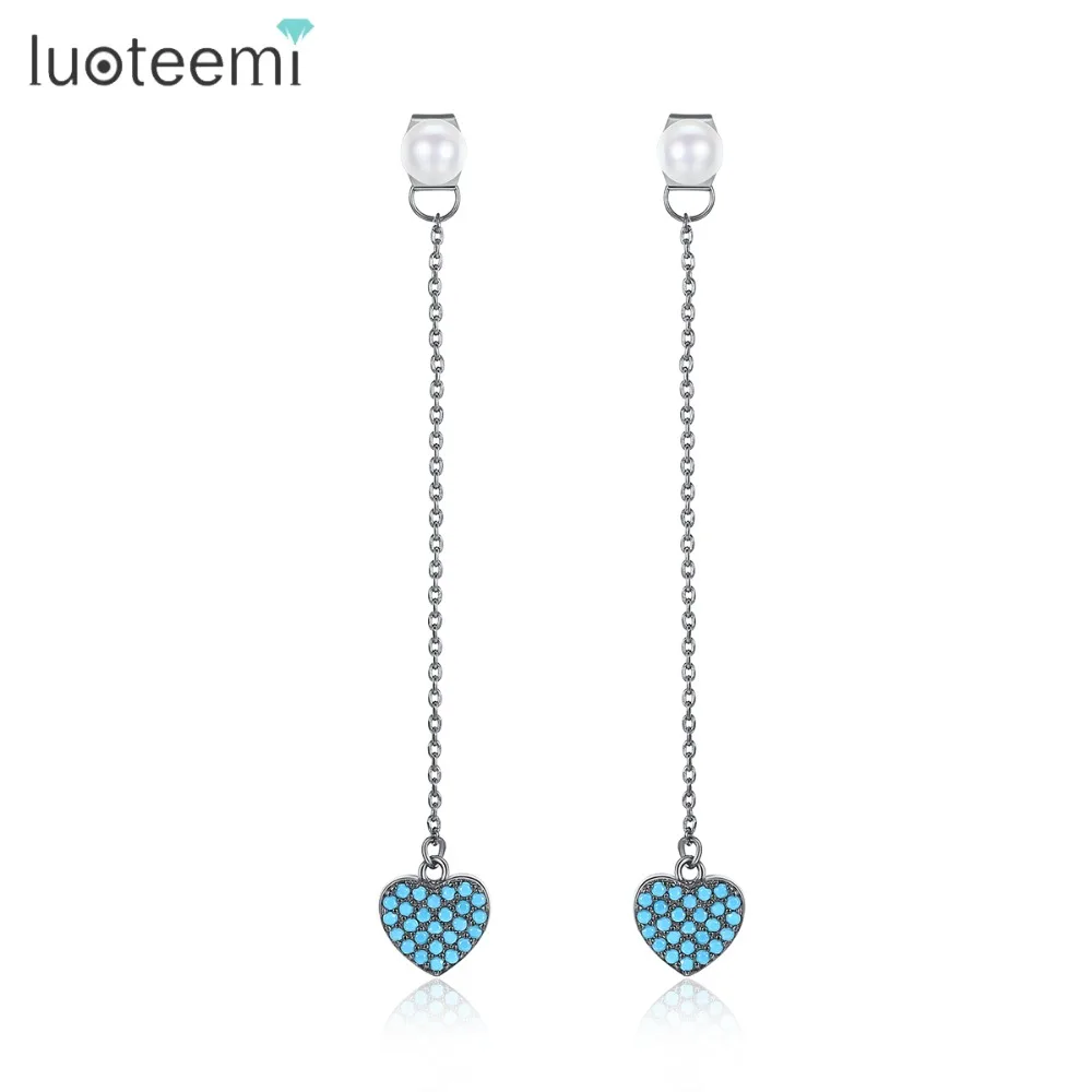 

LUOTEEMI New Elegant Drop Earrings Imitation Pearl Double Side Brincos Black Long Chain with Blue Stone Heart Pendant Jewelry