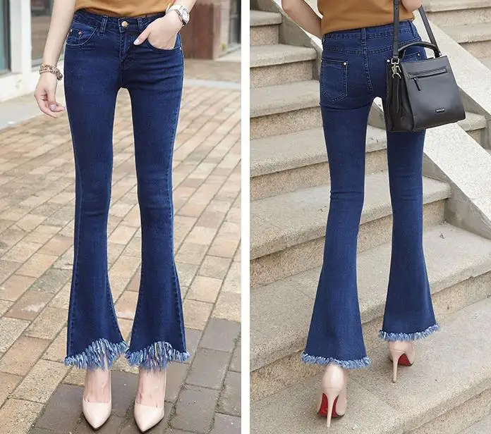 Женские узкие брюки, модные джинсовые брюки с бахромой по краям, расклешенные джинсы - Цвет: Синий