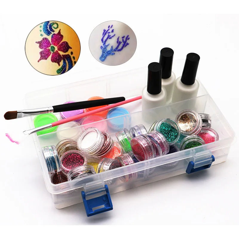 

Semi Permanent Glitter Tattoo Set 118Tattoo Stencils 24 Color Glitters 6 Luminous Powder Brush Makeup Henna Tatoo with Glue New